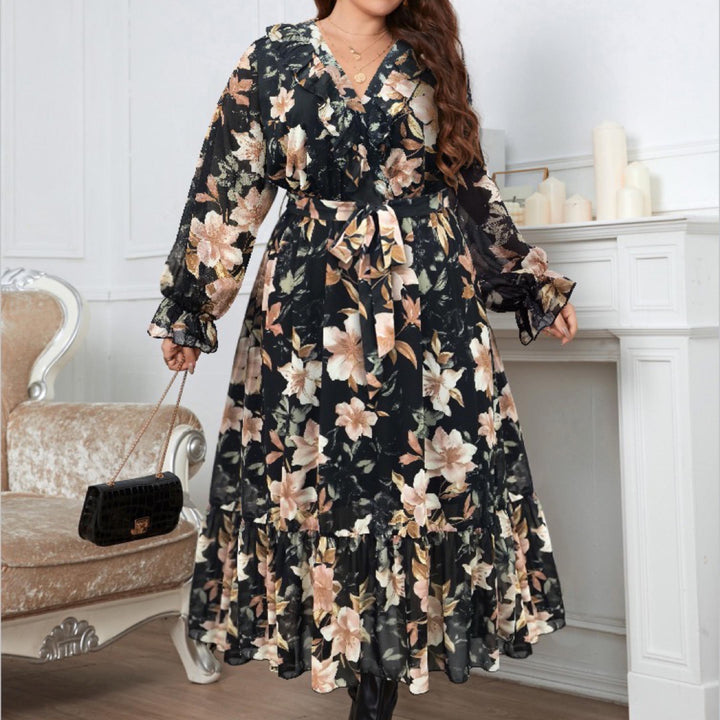 Ladies Long Dress Chiffon Ruffle Long Dress With Large Flowers Contrast Pattern Size Fits 12-24 Plus Size