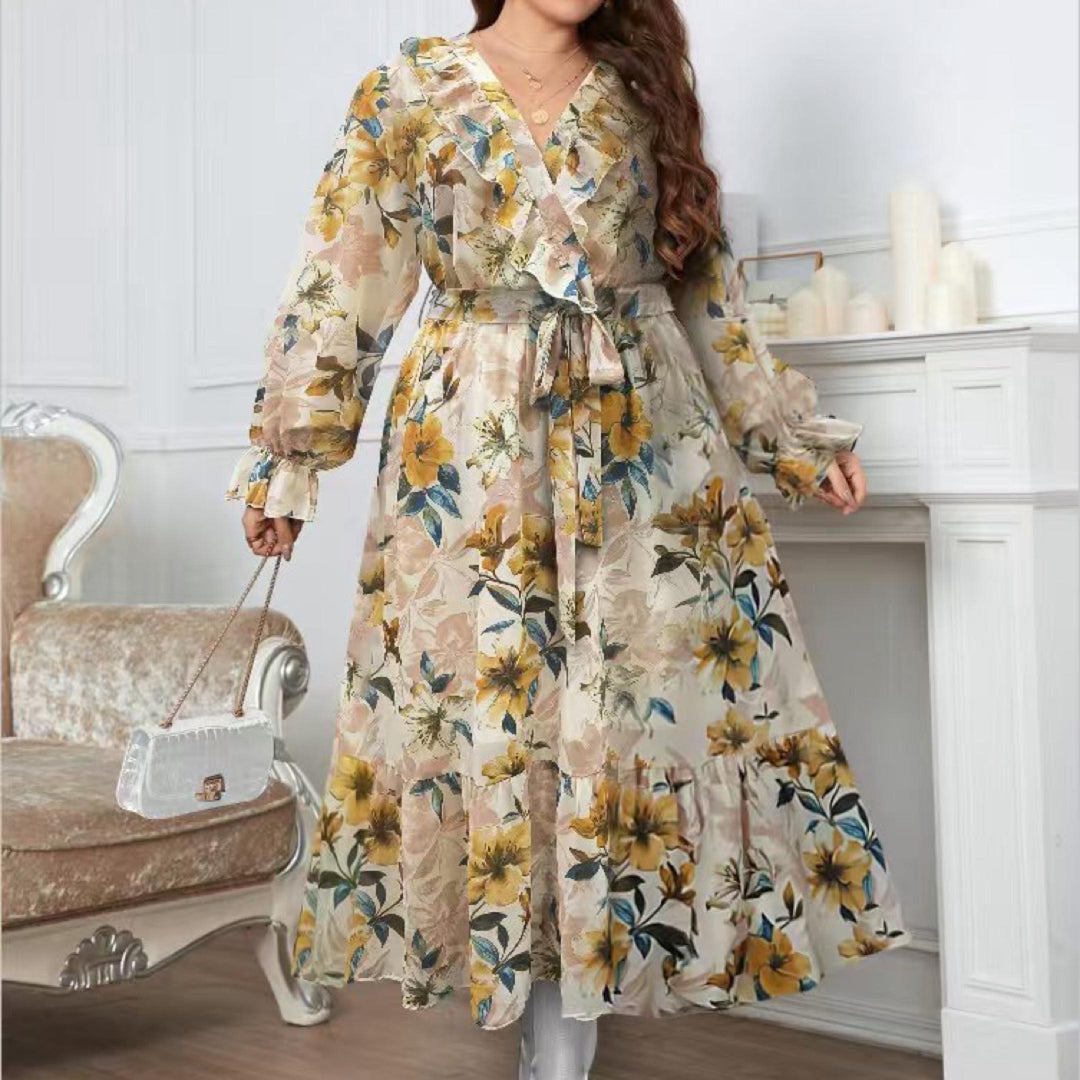 Ladies Long Dress Chiffon Ruffle Long Dress With Large Flowers Contrast Pattern Size Fits 12-24 Plus Size