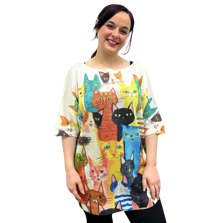 LADIES TOP SPRING AND SUMMER NEW FINE KNITTED 3D PAINTING LINEN EFFECT LADIES RELAXING TOP HALF SLEEVES