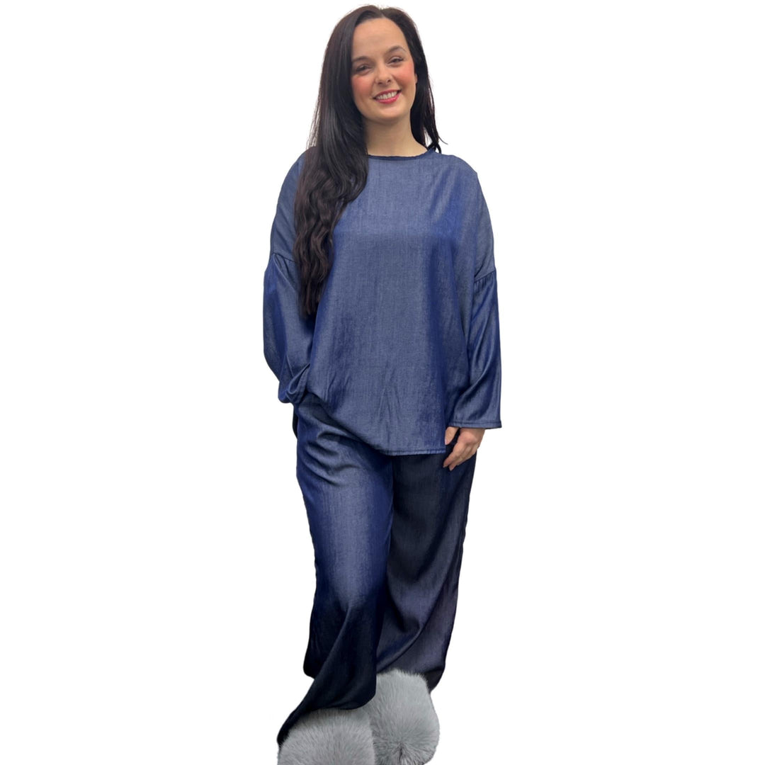 LADIES LOUNGE WEAR CO-ORD SET METALIC DENIM EFFECTS SUPER COMFY SUPER SOFT